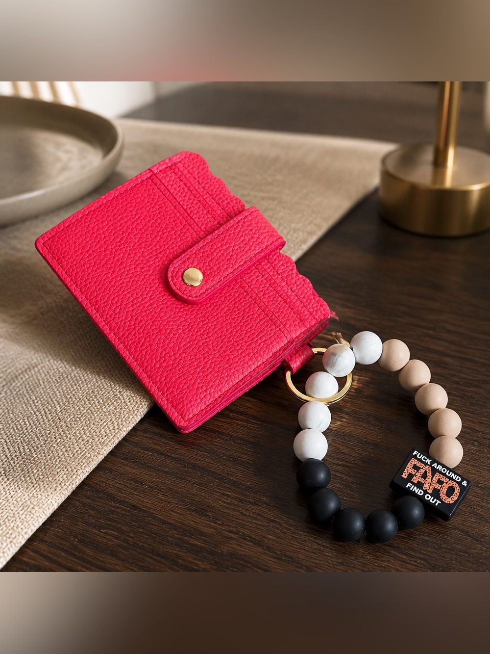 Women's Red Pebbled Leather Card Wallet with Beaded Keyring - Funny - graphic